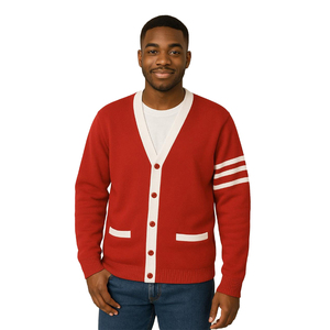 Ajoutez vos logos Delta personnalisés sur des cardigans rouges à col en V avec manches longues, tricotés, décontractés, unisexes, pour les sororités et les fraternités. - Product Image 1