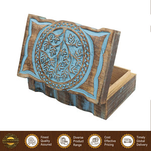 Caja de madera de mango maciza tallada a mano, 100% natural, con un diseño llamativo de color azul quemado, de primera calidad, procedente de la India. - Product Image 3