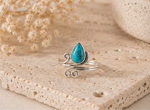<b>Turquoise</b> Tear Drop Gemstone <b>Ring</b> 925 Sterling Silver Open Band Handmade Fine Jewelry Gift - Product Image 4