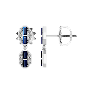 Elegantes pendientes colgantes geométricos de Plata de Ley 925 zafiro natural y diamante para boda o fiesta certificado IGI - Product Image 1