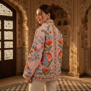 White Orange Floral Embroidery Jacket | <b>Boho</b> Long Sleeve Stand Collar Cotton Jacket Handmade Needle Work Women Winter Coat - Product Image 3