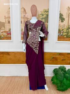 Top Quality Faux Georgette with Embroidery Zari & Semi-<b>Beads</b> work Ready to wear Saree-Readymade Matching Blouse Indian Exporter - Product Image 3