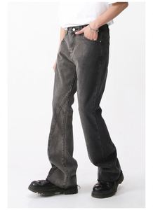 <b>Men's</b> High Waist Flare <b>Jeans</b> Sand Washed Cotton Casual Pants Button Fly Midweight Autumn Style - Product Image 4