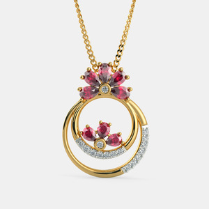 Yellow Gold <b>Ruby</b> Floral Circle Lab Grown Diamond Pendant <b>Necklace</b> - Product Image 1
