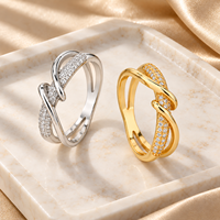 Crossover 925 Sterling Silver Zircon Ring with Polished Curve and Double Pave Row