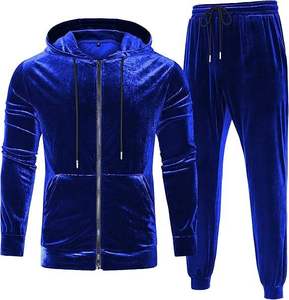 Ensemble de survêtement en velours bleu royal pour homme, sweat-shirt à fermeture éclair intégrale et pantalon, couleur unie, vêtements d'hiver décontractés avec poches latérales - Product Image 5