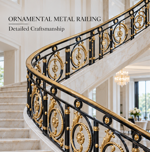 Rampe d'escalier en métal ornemental noir et or avec panneaux ovales à motifs roulés pour villas, hôtels et grands intérieurs - Product Image 1