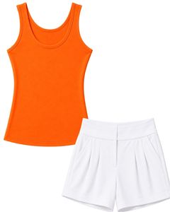Manufacturer Bright Orange Sleeveless Tank <b>Top</b> With Light Grey Casual Shorts Women Summer Two Piece Lounge Wear Outfit Set - Product Image 2