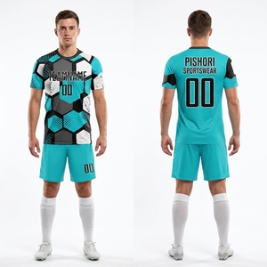 Uniforme de football personnalisé en polyester cyan noir avec impression graphique angulaire et short assorti - Product Image 3