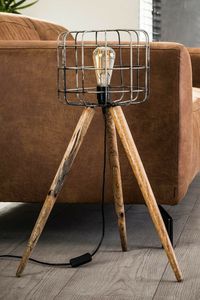 Industrial Modern Tripod Floor Lamp <b>LED</b> E27 White <b>Wire</b> Cage Shade Wood Leg Bedside Reading <b>Light</b> for Living Room Bedroom - Product Image 4