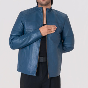 Chaqueta de Cuero Azul para Motociclista Samuel para Hombre - Chaqueta Estilo Cafe Racer Azul - Product Image 1