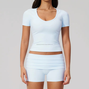 Women's 2 Piece Yoga Set Solid Color Mid Waist Crop <b>Top</b> Racerback Shorts Activewear OEM Service <b>Sweat</b>-Wicking Print Front - Product Image 5