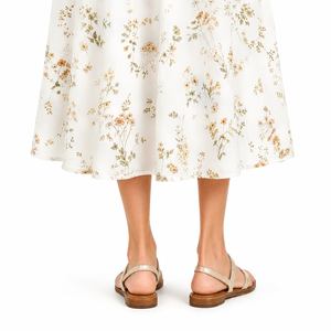Robe midi pour femme en mousseline de coton à imprimé floral blanc, manches courtes, col en V, coupe ample, décontractée, été, avec poches - Product Image 5
