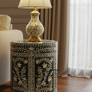 Luxury Modern Black Chevron Bone Inlay Eco-Friendly <b>Side</b> <b>Table</b> 2 Drawers Handcrafted Wooden <b>Drum</b> Accent Bedroom Furniture - Product Image 4