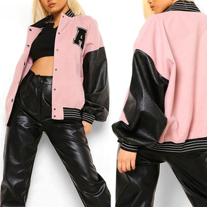 Veste pour homme, veste bomber varsity rose et noire, manches en cuir, streetwear, mode, coupe ample, automne-hiver - Product Image 1