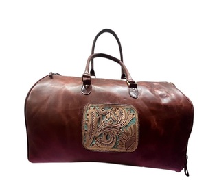 Rustic Leather Travel Holdall Carved Panel Duffel Carry <b>Bag</b> Spacious Cabin Luggage Overnight Storage Tote Utility Use - Product Image 1