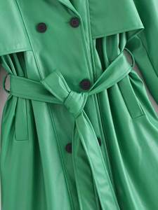 Gabardina Larga para Mujer, Color Verde Sólido, Cuello Camisero, Cinturón, Prenda Exterior Elegante para Otoño - Product Image 6