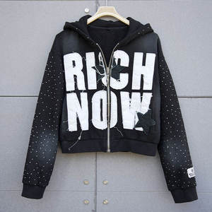 Sudadera con capucha de algodón grueso con lavado ácido para hombre, estilo streetwear, con logo bordado personalizado, efecto desgastado, con cremallera y pedrería - Product Image 5