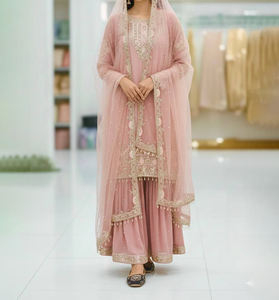 Lentejuelas indias bordadas Sharara Gharara Kurti Set diseñador paquistaní Ropa Étnica 3 piezas cosido Combo Georgette tela - Product Image 3