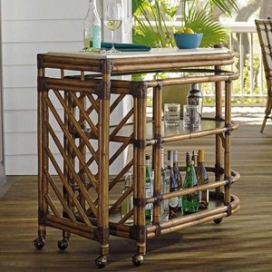 Modern Serving <b>Table</b> with Natural Green Rattan and Glass Top 4 Swivel Casters for Hotels and Bedrooms - Product Image 5