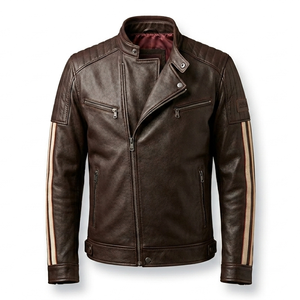 Blouson moto homme en cuir véritable marron, col montant, fermeture éclair, coupe ajustée, style motard, pour l'automne - Product Image 1