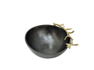 Bol décoratif en aluminium moulé noir avec poignée en forme de branche botanique dorée – Plat à clés rustique et élégant pour la décoration de table - Product Image 3