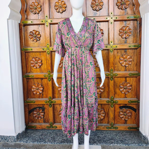 Robe longue vintage simple et écologique pour femme, à volants, col en V, manches flottantes, en soie, pour l'été, la plage, décontractée, tissée naturellement, ODM - Product Image 1