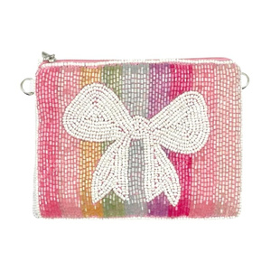 กระเป๋าถือโบว์ประดับลูกปัดทำมือ กระเป๋าคลัทช์ใบเล็กสำหรับผู้หญิง กระเป๋าใส่เหรียญแบบมีซิป ดีไซน์โบว์เก๋ไก๋ สายสะพายโซ่ รับผลิตแบบ OEM - Product Image 1