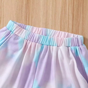 Conjunto de Verano para Niñas, Camiseta Corta con Estampado Tie-Dye de Algodón, Pantalones Cortos con Cintura Elástica y Bolsillos Laterales, Cómodo - Product Image 4