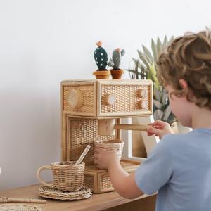 Juguetes educativos de gran venta para niños, cafetera de juguete de ratán tejida a mano, juego de simulación de cafetería - Product Image 4