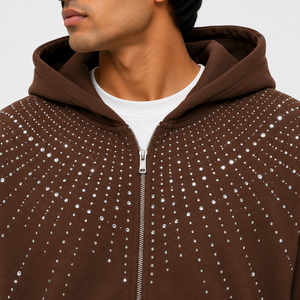 Trendy Men's Brown Rhinestone Tracksuit Set 2PC <b>Full</b> <b>Zip</b> <b>Hoodie</b> Knee Length Shorts Cotton Fleece High Street Custom Logo - Product Image 3
