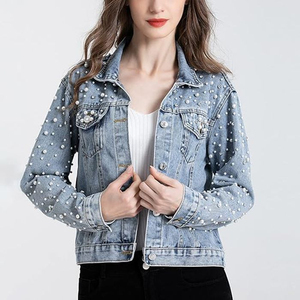 AMSEA New Women's Pearls <b>Cropped</b> Eco-friendly <b>Denim</b> Bomber <b>Jacket</b> for Women Regular Fit Winter - Product Image 3