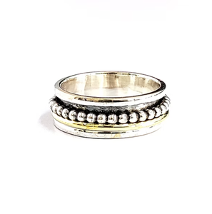 Handmade Vintage Style <b>Silver</b> 925 <b>Spinning</b> <b>Ring</b> - Two Tone Beaded Meditation Band Everyday Wear Statement Jewelry - Product Image 2