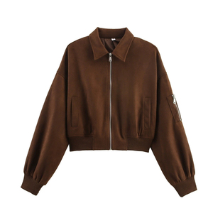 Brown <b>Suede</b> Bomber <b>Jacket</b> Turn-down Collar Zipper Closure Solid Color Casual Short Length Autumn Wear Unisex - Product Image 1