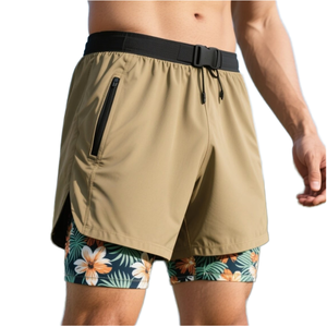Men 2 in 1 Double Layer Sports <b>Shorts</b> Quick Dry With <b>Zipper</b> Pockets Floral Print Drawstring Waist Mid Length Athletic <b>Short</b> - Product Image 1