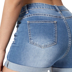 Women's Skinny Straight <b>Denim</b> Shorts <b>Stretch</b> Distressed Rolled Hem Casual Summer Woven OEM ODM Custom Manufacturer - Product Image 4