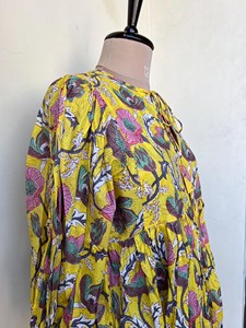 Elegante Vestido Midi Boho Amarillo con Estampado Floral, Hecho a Mano en Algodón, con Cuello de Lazo y Estampado Étnico, Vestido Casual - Product Image 4