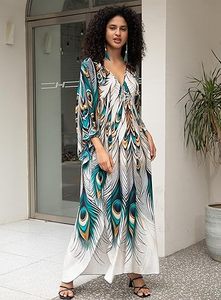 Robe longue maxi abaya à col en V, manches chauve-souris, coupe ample, imprimé paon, pour femme, plage, été, bohème, en polyester - Product Image 6