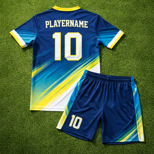 ผู้ผลิตชุดฟุตบอลแบบ OEM ตามสั่ง ผ้าโพลีเอสเตอร์ 100% ระบายอากาศ แห้งเร็ว พร้อมสกรีนชื่อและหมายเลขผู้เล่นตามแบบที่ต้องการ - Product Image 2