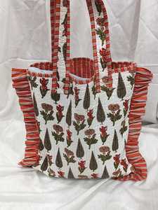 Bolsa de Compras de Tela 100% Algodón con Estampado Floral Silkgram, Tamaño Grande, Color Naranja con Ribete Blanco a Rayas, Asa Larga, Cierre de Cremallera - Product Image 2