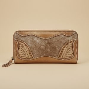 Cartera larga de cuero genuino de vaca estilo occidental para mujer con cremallera y diseño floral grabado, tipo clutch - Product Image 2