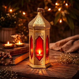 Lanterne cylindrique vintage en métal avec découpe géométrique en forme de croissant de lune, porte-bougie pour la décoration de la maison lors du Ramadan et de l'Aïd - Product Image 6