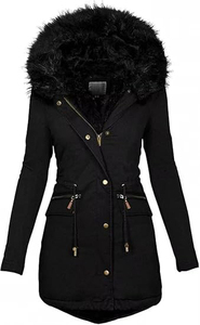 Unisex Black <b>Hooded</b> Printed Breathable <b>Long</b> <b>Puffer</b> <b>Jacket</b> Windproof Zipper Closure Casual Winter Wear Polyester Wadding Fur Trim - Product Image 3