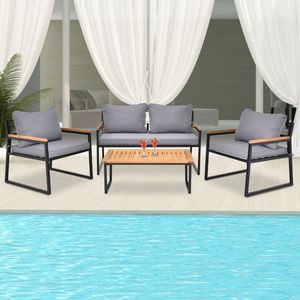 Ensemble de salon de jardin 4 pièces avec structure en métal écologique et table avec accoudoirs en bois d'acacia - Product Image 6