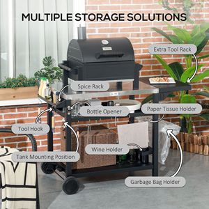 Carrello da Cucina Pieghevole Nero a 3 Ripiani con Ruote per Barbecue e Forno Pizza - Isola da Esterno - Product Image 6