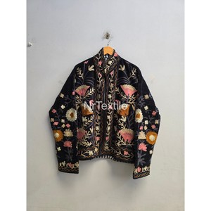 Traditional Black <b>Velvet</b> Quilted <b>Women's</b> Hand Embroidered Floral Bomber Jacket Nylon Wool Mandarin Collar Full Sleeve Autumn - Product Image 1