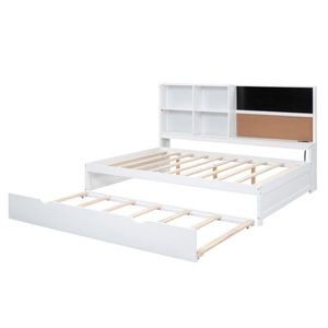 Divano letto a grandezza naturale con lavagna e mensole portaoggetti in sughero, porte USB, letto estraibile singolo - Letti per bambini in bianco e nero - Product Image 6