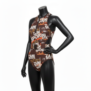 Maillot de bain une pièce pour femme en tissu extensible quatre directions de luxe, imprimé graphique marron, avec fermeture éclair et ceinture, logo personnalisé - Product Image 4