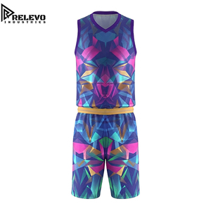 Custom Sublimated Basketball Jersey Set, Blue Technical Athletic Uniform with <b>Magenta</b> and Gold Faceted Mosaic Panel Short - Product Image 1