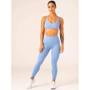 Precio de fábrica OEM: Conjunto de leggings azules de cintura alta y sujetador para mujer, 2 piezas, conjunto de fitness transpirable para yoga - Product Image 1